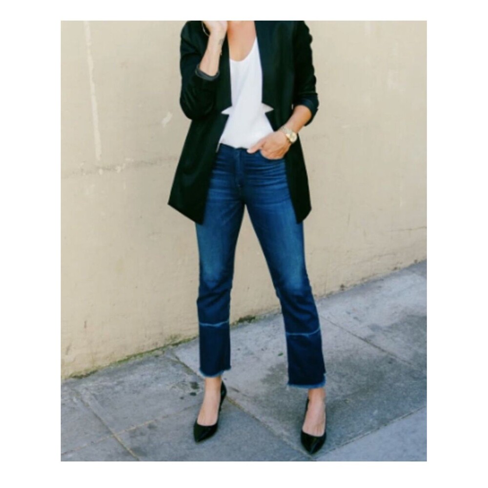 AYR The Aloe Crop Kick Flare Jeans 27 Dark Wash Frayed Raw Hem Stretch